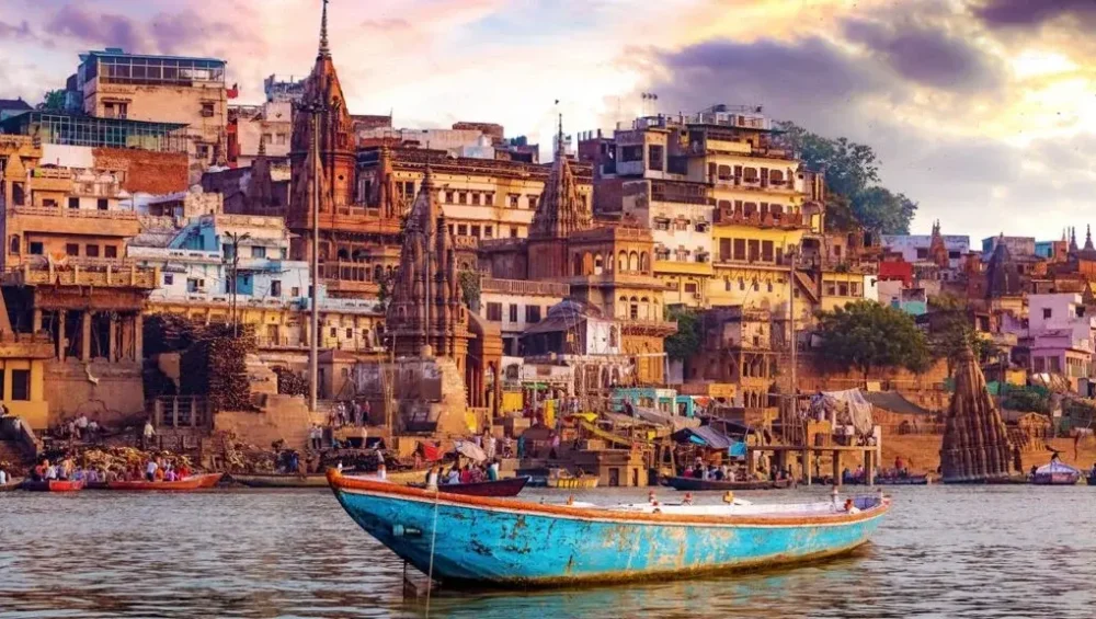 Varanasi Ghats and Ganges River with traditional boats
