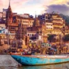 Varanasi Ghats and Ganges River with traditional boats