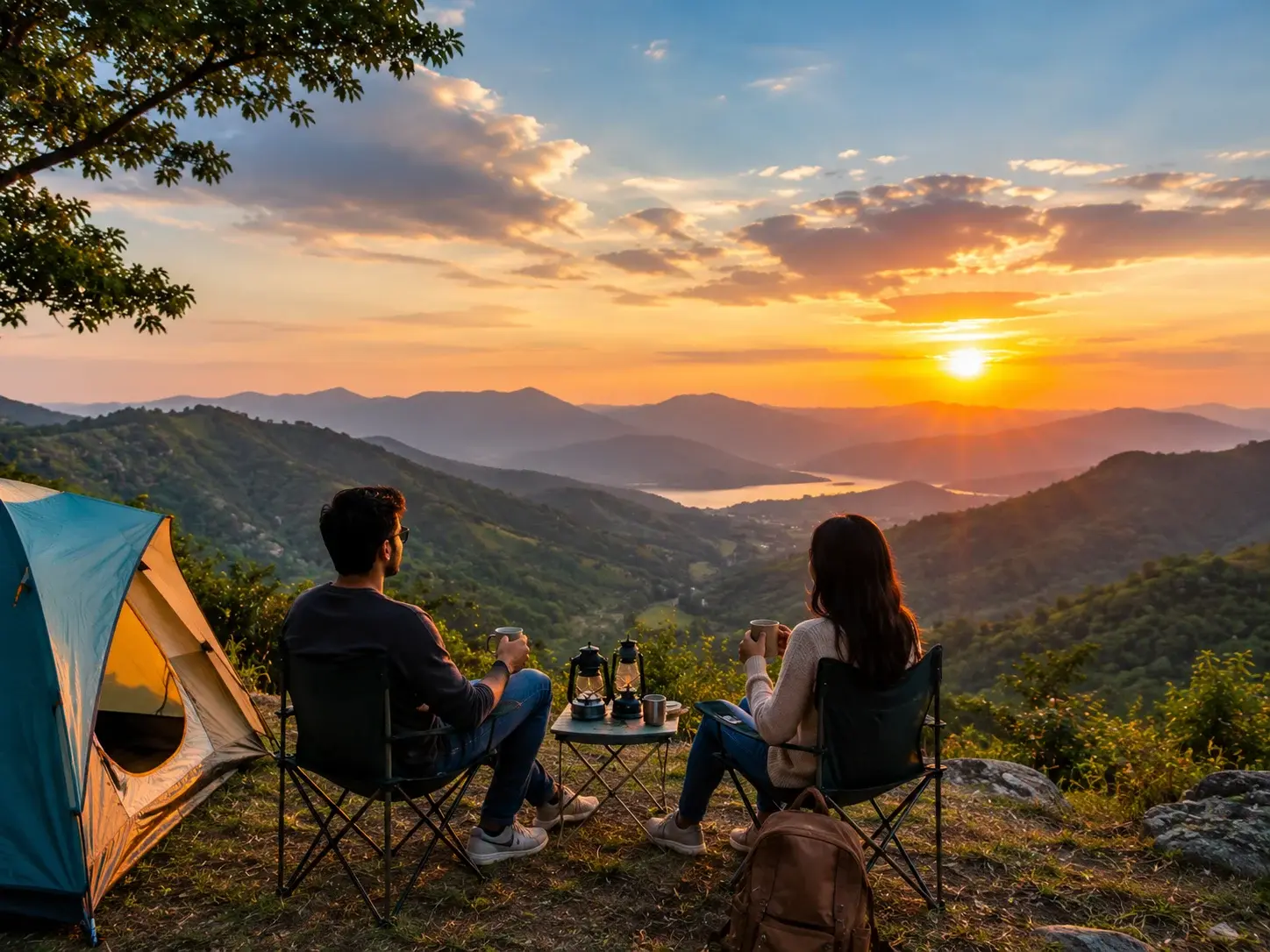 Couple camping at sunset overlooking a mountain valley