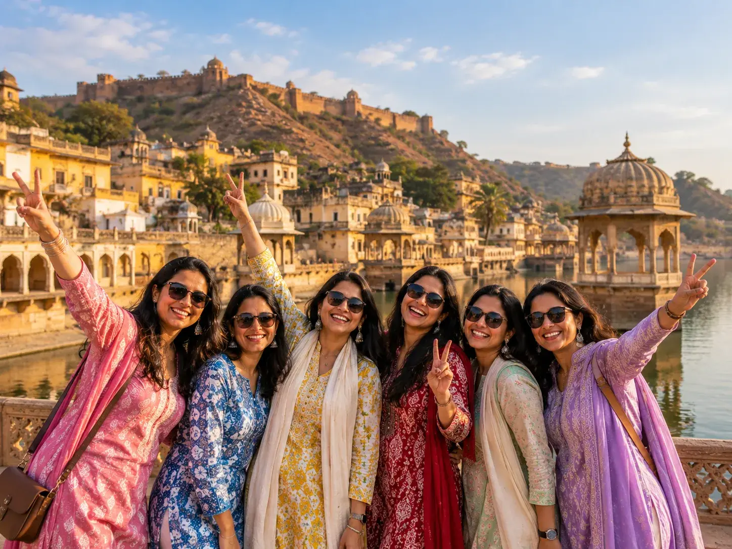 Group of women enjoying a trip beside a historic fort and lake in Bundi