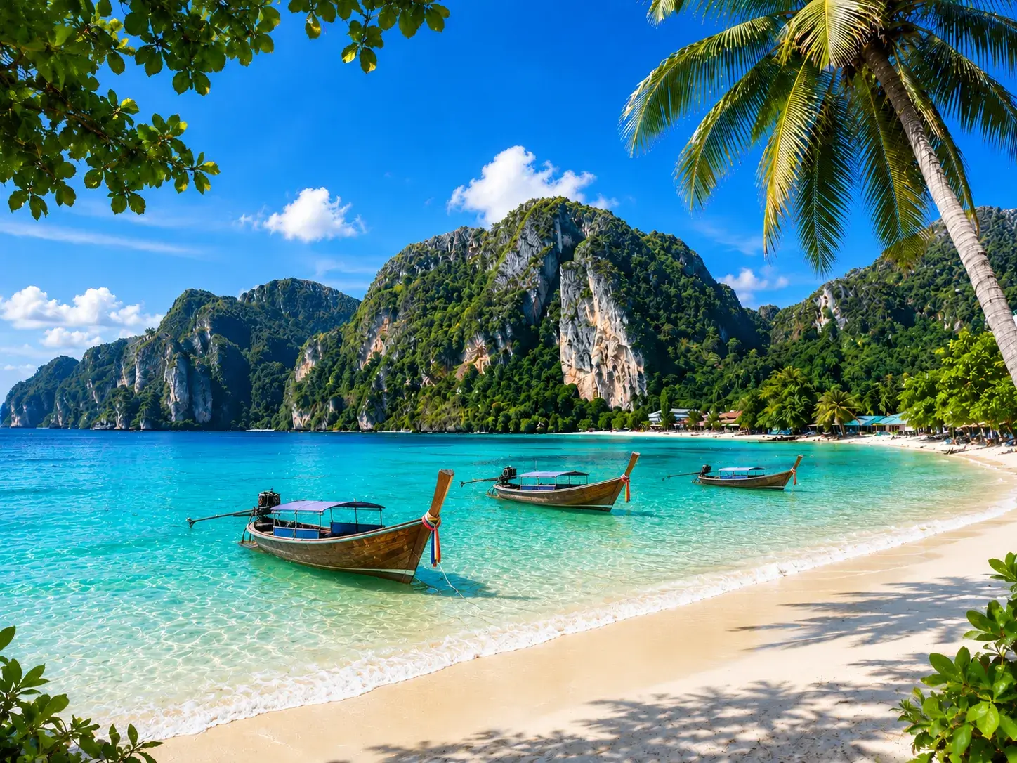 Tropical island beach with long-tail boats and limestone mountains