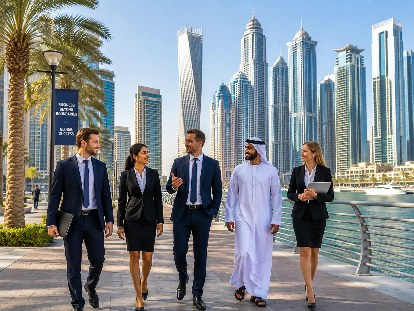 Business professionals walking along Dubai waterfront with city skyline
