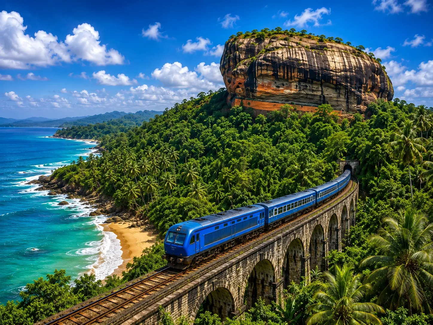 Blue train crossing a stone bridge above a tropical coastal landscape