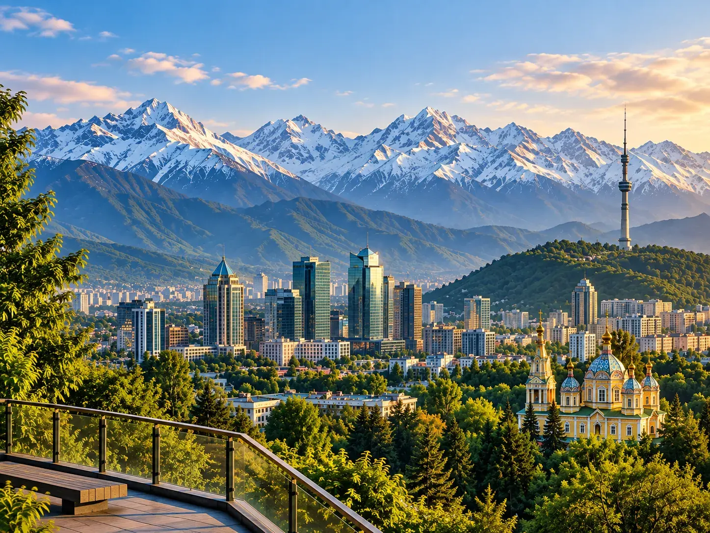 Almaty city skyline with snow-capped mountains and hilltop tower