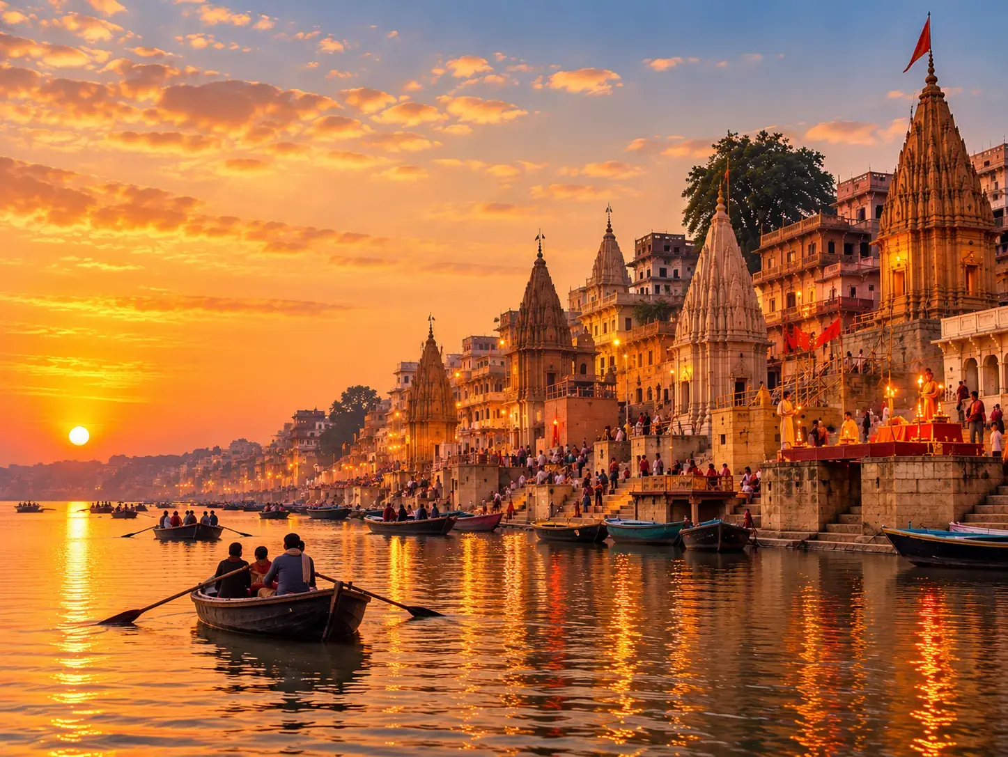 Varanasi Ghats along the Ganges River at sunset with boats