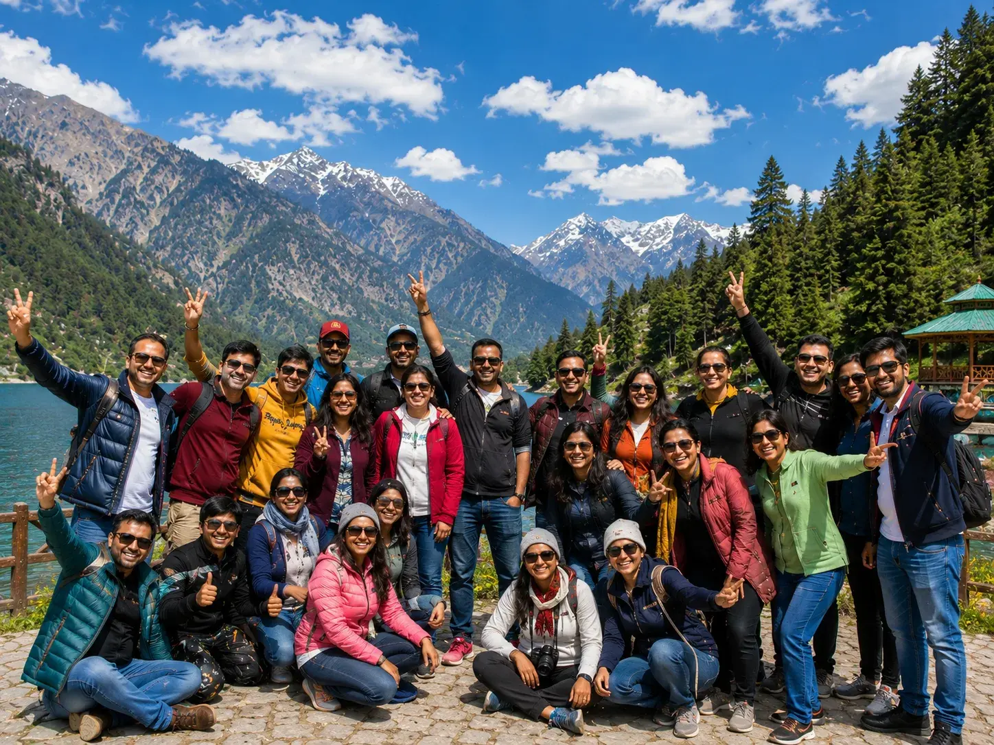 Group of travelers posing beside a scenic alpine lake and snow-capped mountains
