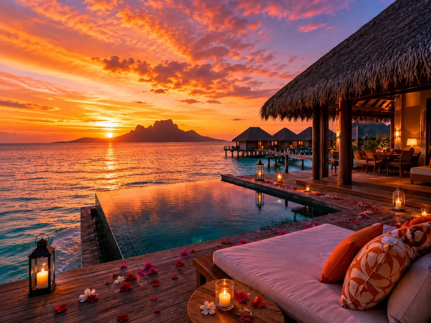 Luxury overwater resort with infinity pool and tropical sunset