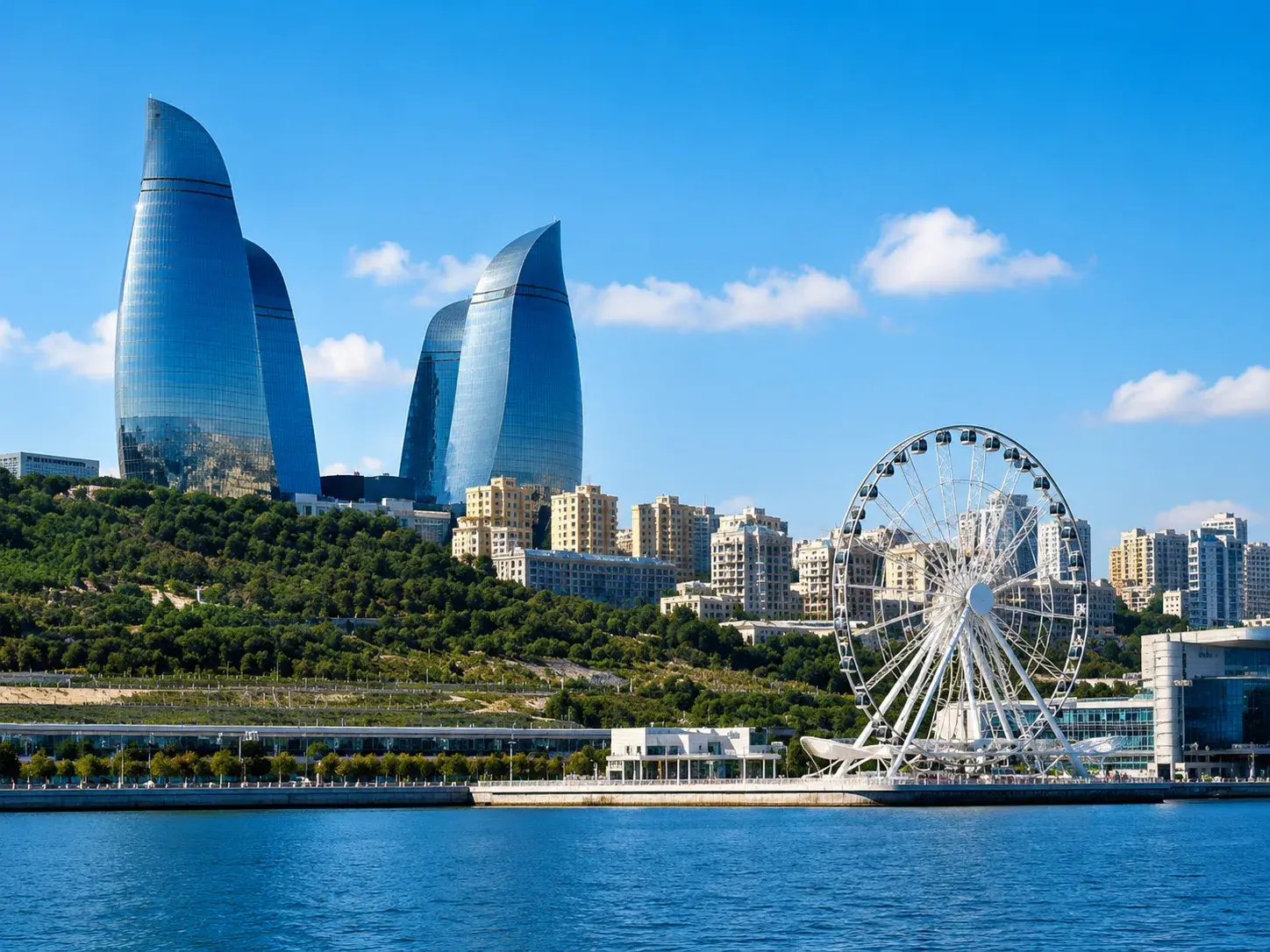 Baku city skyline with Flame Towers and Baku Ferris Wheel