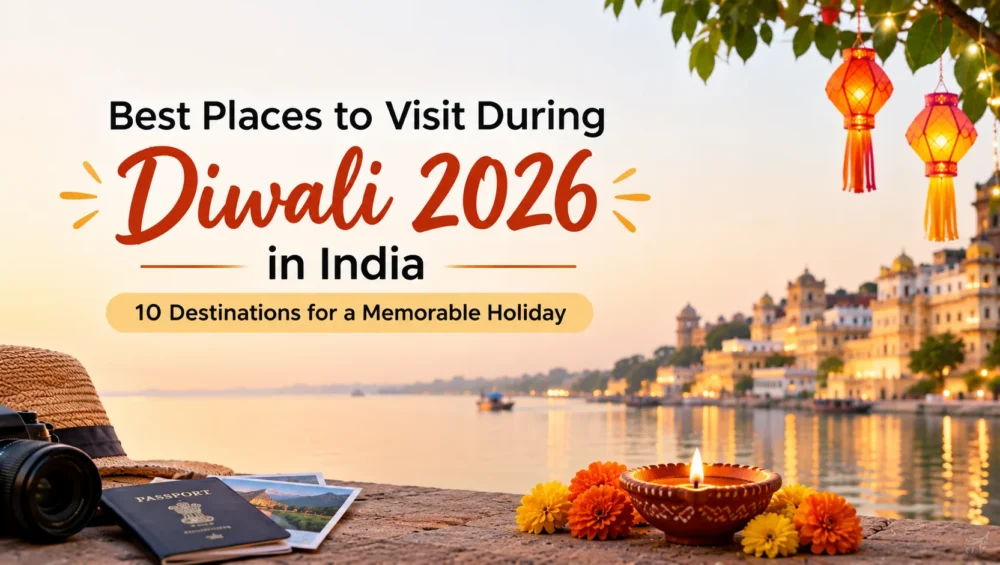 Best places to Visit During Diwali 2026 in India with festive diyas, glowing lanterns, and a beautiful lakeside palace.