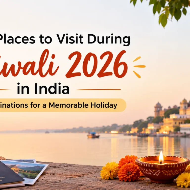 Best places to Visit During Diwali 2026 in India with festive diyas, glowing lanterns, and a beautiful lakeside palace.